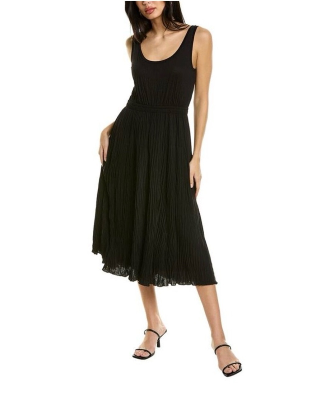 Vince NWT Black Crinkle Pleated Midi Dress Sleeveless Elastic Waist Large